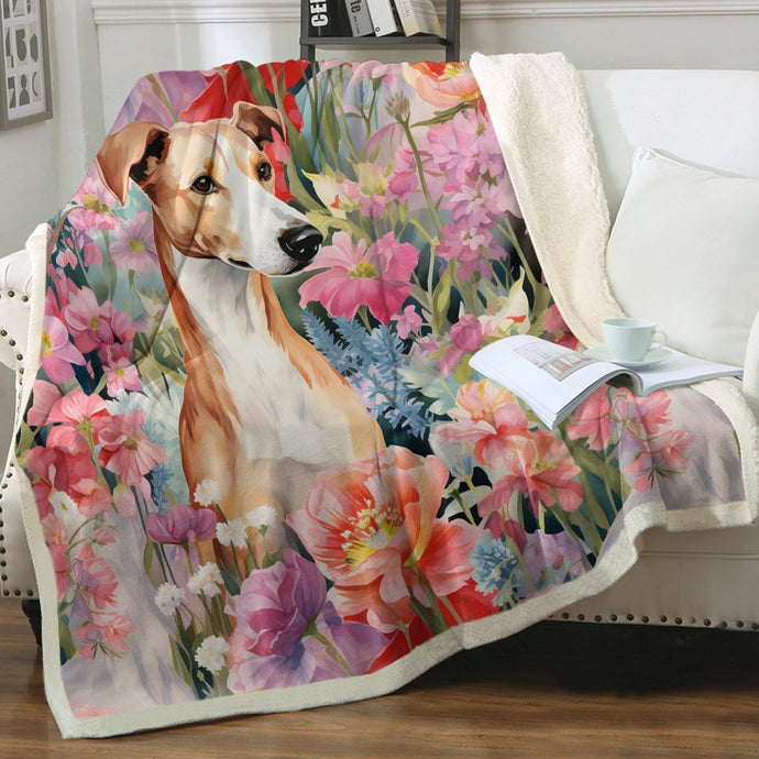 Botanical Beauty Red and White Greyhound / Whippet Fleece Blanket-Blanket-Blankets, Greyhound, Home Decor, Whippet-Small-1