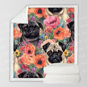 Pugs in Summer Bloom Soft Warm Fleece Blanket-Blanket-Blankets, Home Decor, Pug, Pug - Black-3