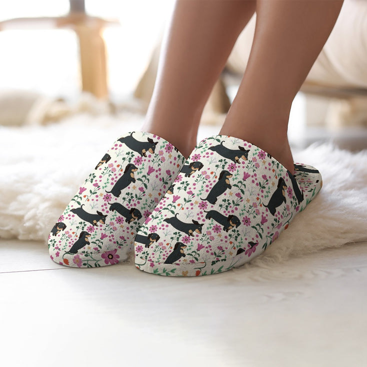Flower Garden Black Tan Dachshunds Women's Cotton Mop Slippers-Footwear-Accessories, Dachshund, Slippers-5.5-6-Ivory-1