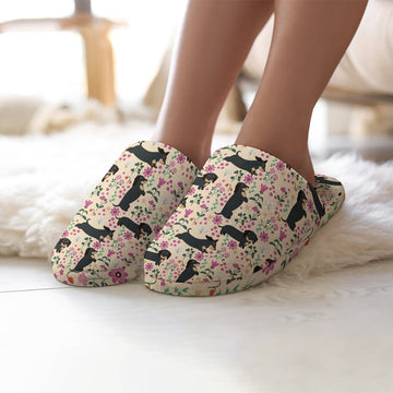 Flower Garden Black Tan Dachshunds Women's Cotton Mop Slippers-Footwear-Accessories, Dachshund, Slippers-5.5-6-Almond Beige-2