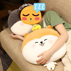 image of a woman sleeping with an adorable husky plush stuffed pillow and shiba inu plush stuffed pillow
