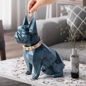 Image of a super-cute French Bulldog statue which is also a piggy bank in texture blue color
