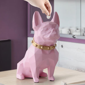 Image of a super-cute French Bulldog statue which is also a piggy bank in pink color