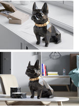 Load image into Gallery viewer, Image of a collage of two super-cute French Bulldog statues which is also a piggy bank in black color, placed on a table