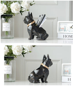 Image of a collage of two super-cute and identical French Bulldog themed tabletop organiser statue in black color