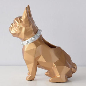 Image of a super-cute French Bulldog themed tabletop organiser statue in gold color