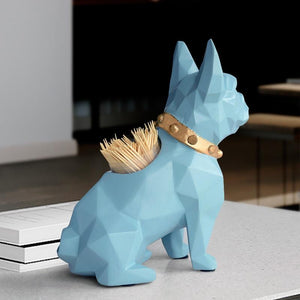 Image of a super-cute French Bulldog themed tabletop organiser statue in sky blue color