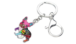 Image of a bright pink color french bulldog keychain