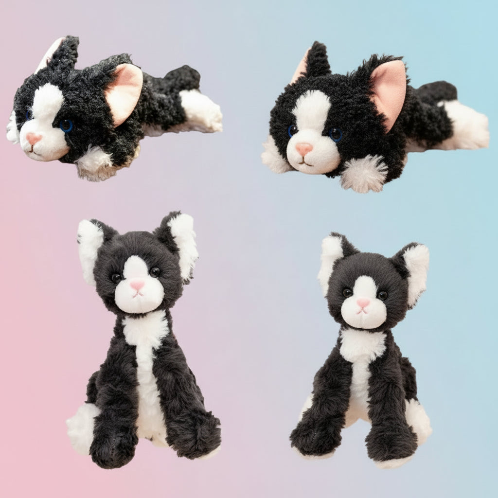 Black and White Cat Plush Toys - Furry Texture - Sitting and Belly Flo