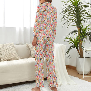 Blooming Florals and Playful Corgis Pajama Set for Women-S-White-1