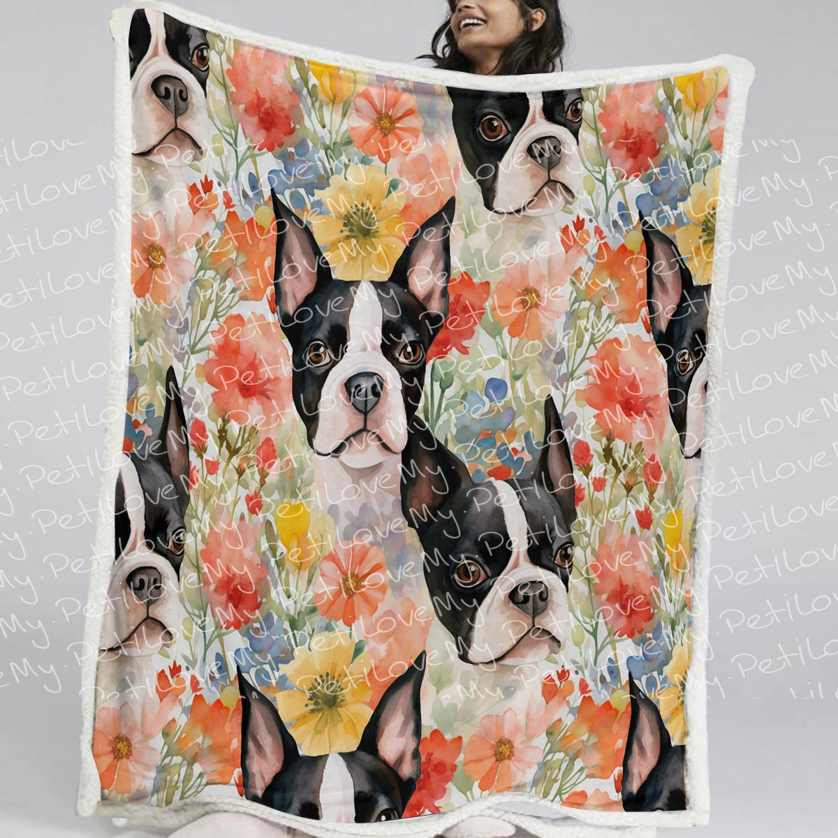 Boston Terriers in Blooming Bliss Soft Warm Fleece Blanket