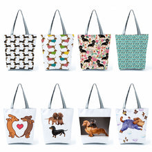 Load image into Gallery viewer, Image of dachshund tote bags in 8 different designs