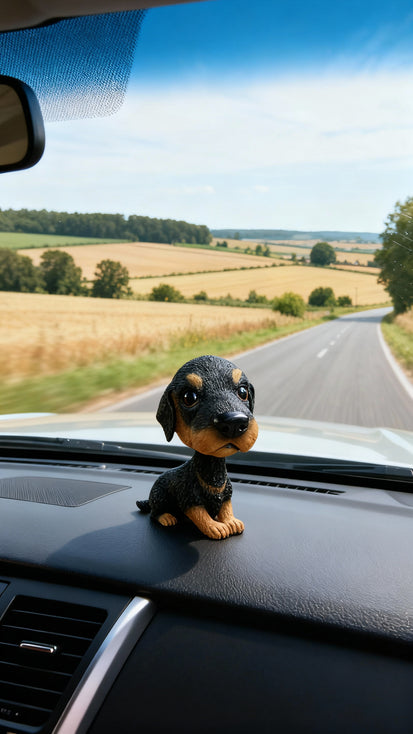 doberman bobblehead on a car dashboard