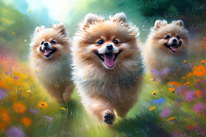 Enchanted Meadow Pomeranians Wall Art Poster-Art-Dog Art, Home Decor, Pomeranian, Poster-Light Canvas-Tiny - 8x10"-1