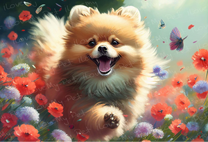 Floral Frolic Pomeranian Wall Art Poster-Art-Dog Art, Home Decor, Pomeranian, Poster-Light Canvas-Tiny - 8x10"-1