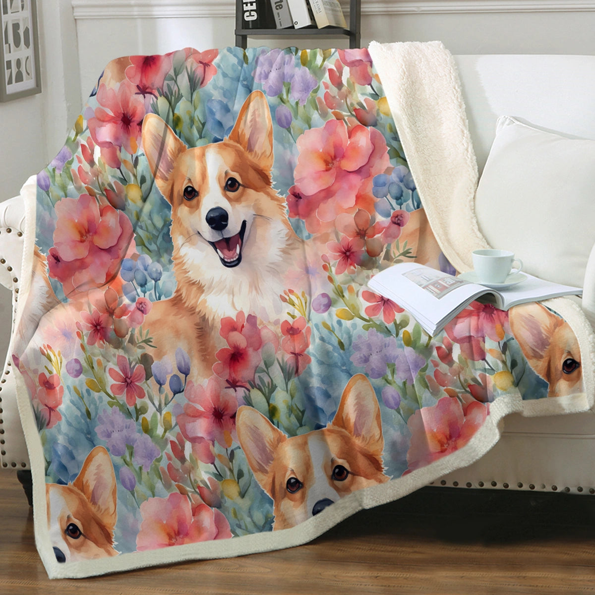 Floral Harmony Corgis and Blossoms Soft Warm Fleece Blanket