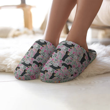 Flower Garden Black Tan Dachshunds Women's Cotton Mop Slippers-Footwear-Accessories, Dachshund, Slippers-10