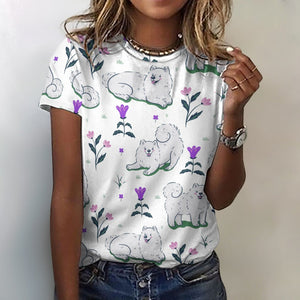Flower Garden Samoyed All Over Print Women's Cotton T-Shirts - 6 Colors-Apparel-Apparel, Samoyed, Shirt, T Shirt-White-2XS-3