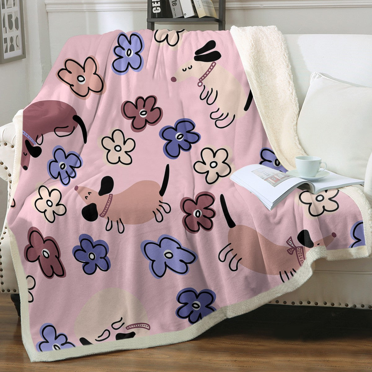 Flowery Cartoon Dachshunds Soft Warm Fleece Blanket 4 Colors