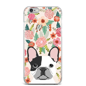 Image of a pied black and white French Bulldog iphone case in French Bulldog in bloom design