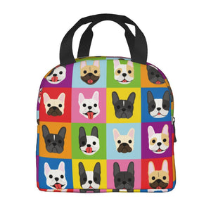 Image of an insulated Frenchie bag with exterior pocket in infinite French Bulldog design