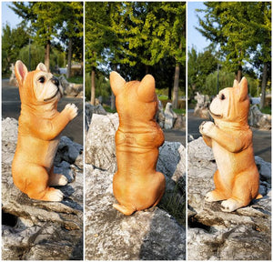 Image of a namaste frenchie garden statue welcoming all guests with a most respectful namaste greeting