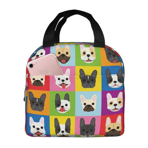 Image of an insulated Frenchie lunch bag with exterior pocket in infinite French Bulldog design