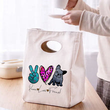 Load image into Gallery viewer, Image of black frenchie lunch bag in Peace, Love, and Frenchie text design