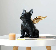 Load image into Gallery viewer, Image of a black frenchie statue with Golden Angel Wings, made of black ceramic, with gold-plated angel wings