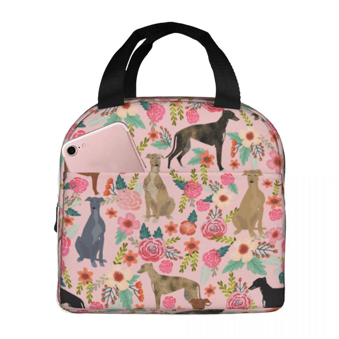 Image of an insulated pink color Whippet lunch bag with exterior pocket in bloom design