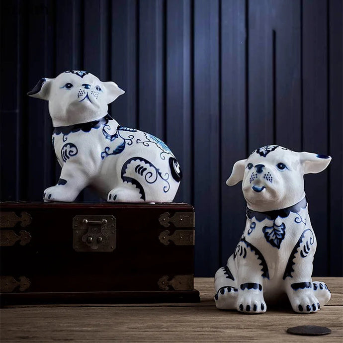 Hand Painted Blue and White Porcelain Pug Statues-Home Decor-Home Decor, Pug, Statue-1