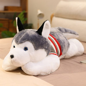 Front image of a super cute stuffed Husky plush toy lying on the bed