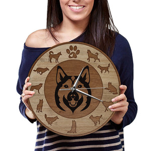 Husky Love Wooden Texture Wall Clock-Home Decor-Dogs, Home Decor, Siberian Husky, Wall Clock-2