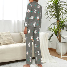 Load image into Gallery viewer, image of a woman wearing a grey pajamas set for women with paws design - west highland terrier pajamas set for women - back view