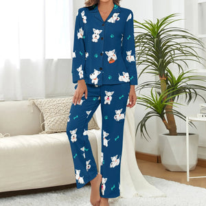 image of a woman wearing a dark blue pajamas set for women with paws design - west highland terrier pajamas set for women