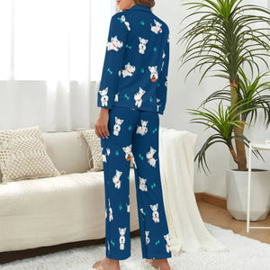 image of a woman wearing a dark blue pajamas set for women with paws design - west highland terrier pajamas set for women - back view