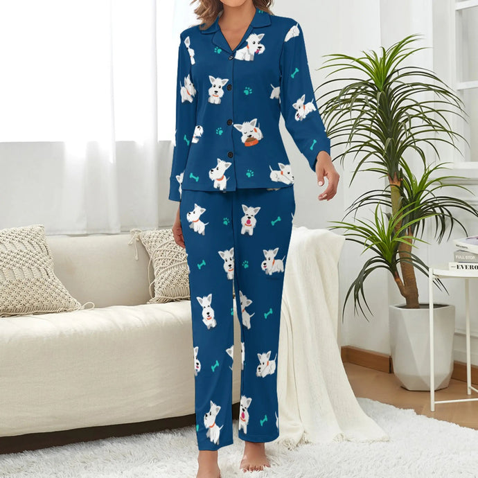image of west highland terrier pajamas set for women - dark blue