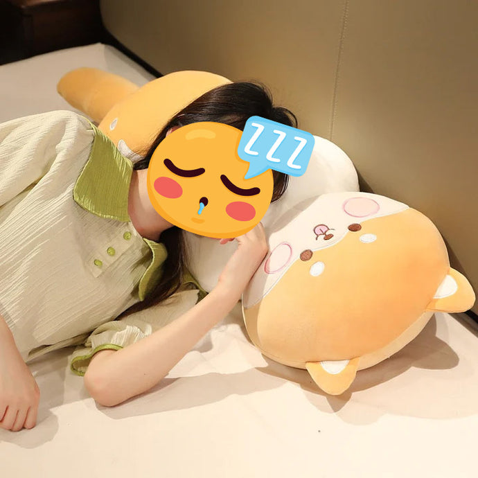Image of a girl sleeping on a Shiba inu plush pillow