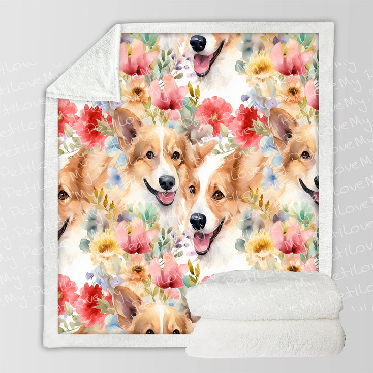 Joyful Corgis and Vivid Blooms Soft Warm Fleece Blanket-Blanket-Blankets, Corgi, Home Decor-3