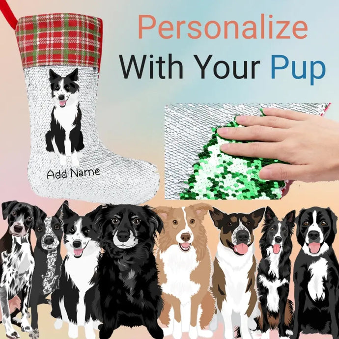 Personalized Border Collie Shiny Sequin Christmas Stocking-Christmas Ornament-Border Collie, Christmas, Home Decor, Personalized-Sequinned Christmas Stocking-Sequinned Silver White-One Size-1
