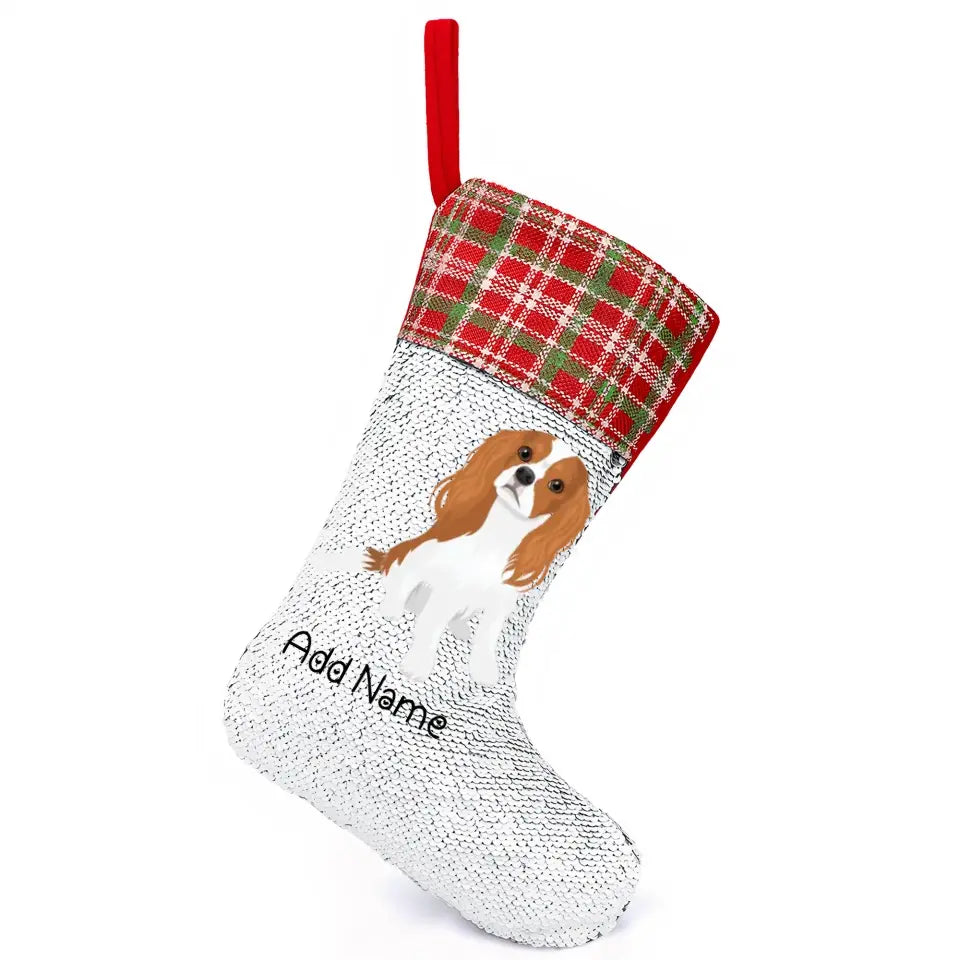 Personalized Cavalier King Charles Spaniel Shiny Sequin Christmas Stocking-Christmas Ornament-Cavalier King Charles Spaniel, Christmas, Home Decor, Personalized-Sequinned Christmas Stocking-Sequinned Silver White-One Size-2