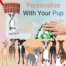 Load image into Gallery viewer, Personalized Greyhound / Whippet Shiny Sequin Christmas Stocking-Christmas Ornament-Christmas, Greyhound, Home Decor, Personalized, Whippet-Sequinned Christmas Stocking-Sequinned Silver White-One Size-1
