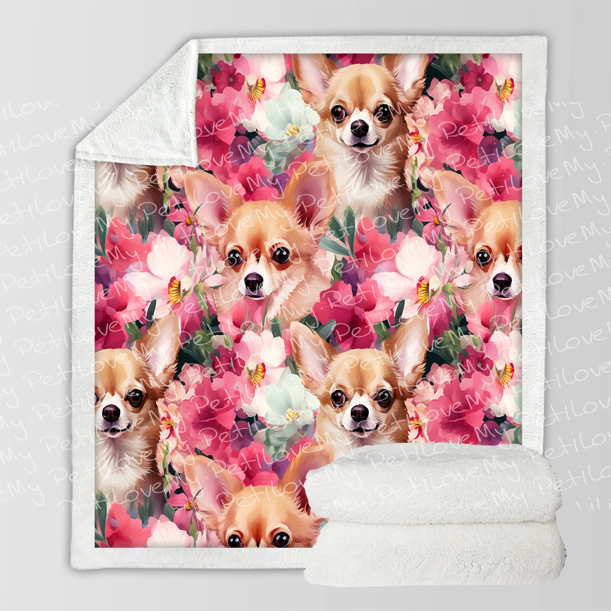 Pink Petals and Fawn Chihuahuas Soft Warm Fleece Blanket