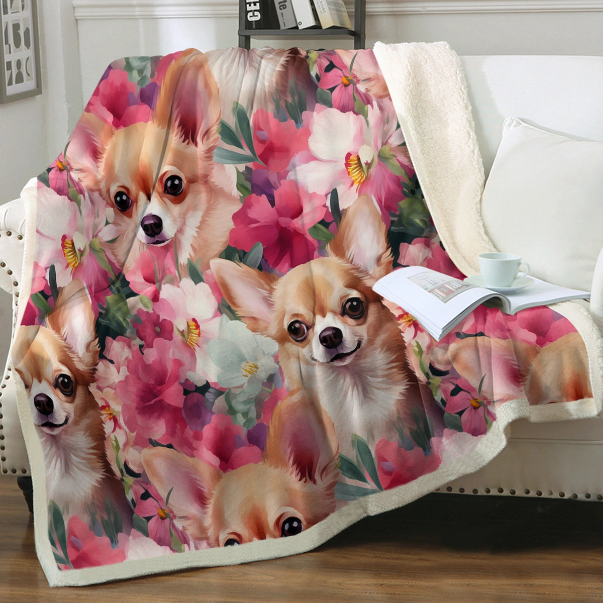 Pink Petals and Fawn Chihuahuas Soft Warm Fleece Blanket