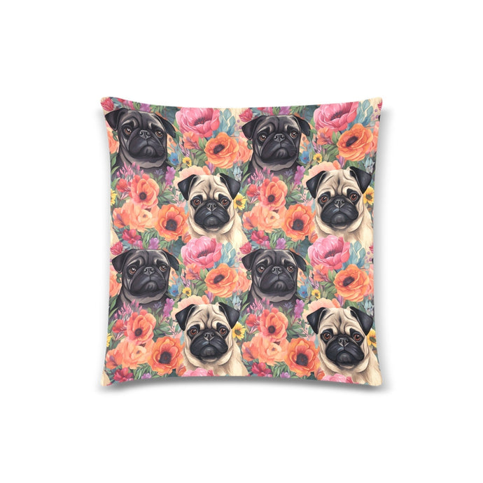 Pugs in Summer Bloom Throw Pillow Cover-Cushion Cover-Home Decor, Pillows, Pug, Pug - Black-White3-ONESIZE-1