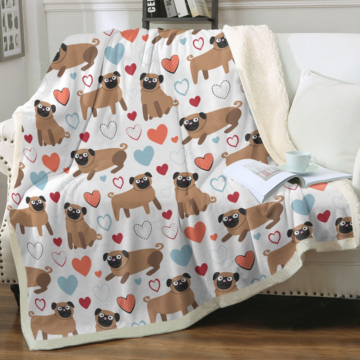 Pugs with Multicolor Hearts Soft Warm Fleece Blanket Colors