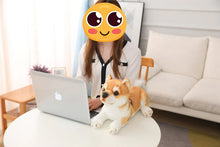Load image into Gallery viewer, Image of a girl sitting with an orange Shiba Inu stuffed animal plush toy on the table