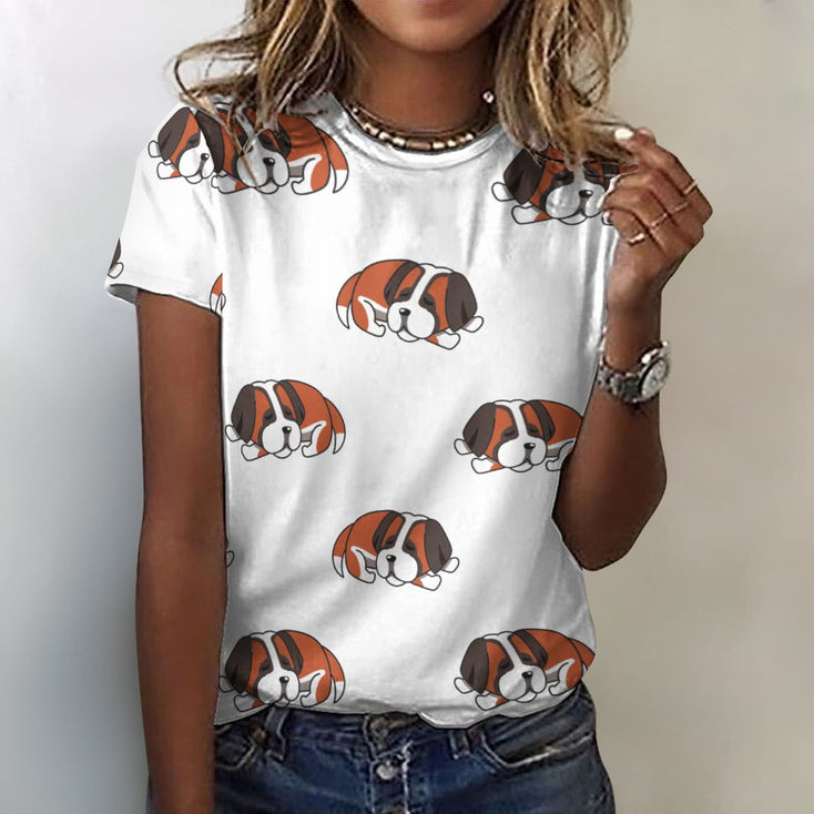 Sleeping Saint Bernard Love All Over Print Women's Cotton T-Shirt - 4 Colors-Apparel-Apparel, Saint Bernard, Shirt, T Shirt-2XS-White-10