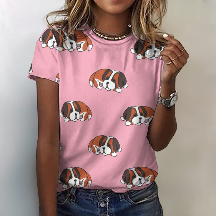Sleeping Saint Bernard Love All Over Print Women's Cotton T-Shirt - 4 Colors-Apparel-Apparel, Saint Bernard, Shirt, T Shirt-2XS-LightPink-1