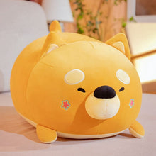 Load image into Gallery viewer, Image of an orange color sleeping Shiba Inu stuffed animal plush toy pillow kept on the bed
